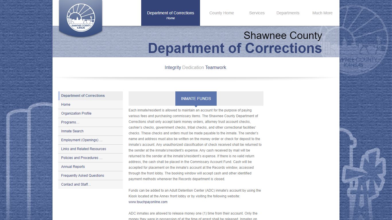 Inmate Funds · Programs · Department of Corrections (Shawnee County ...